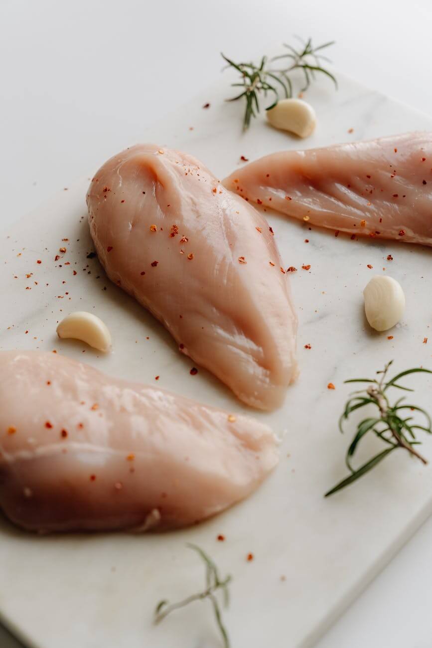 raw chicken breasts on white ceramic plate
