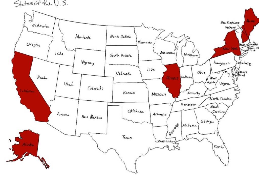 map of the US with 6 states colored in red