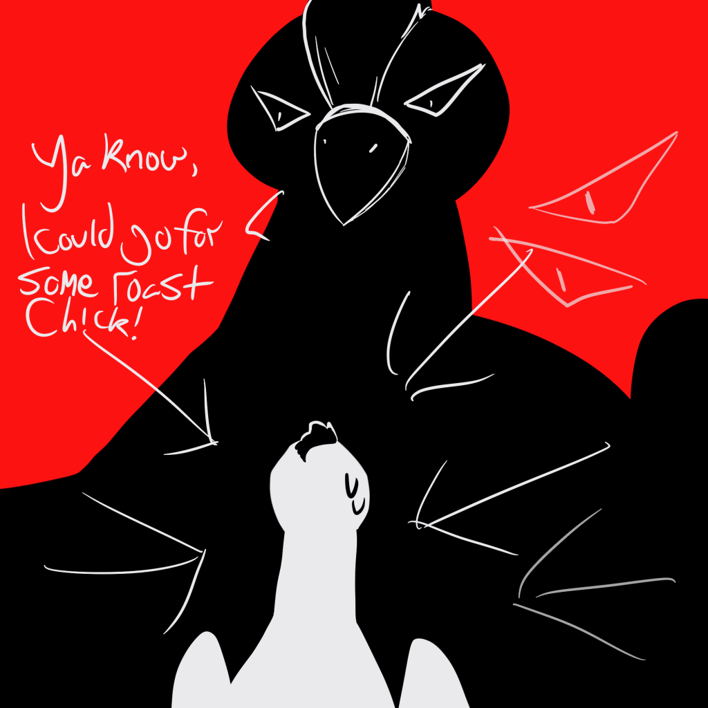 digital image of a big black bird bullying a smaller white bird