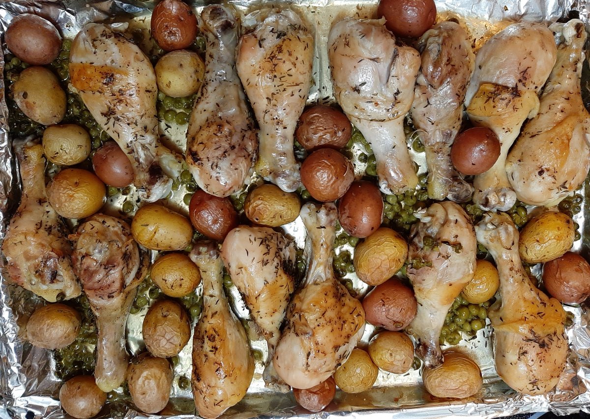 One Foil Lined Pan Baked Chicken Legs and Potatoes