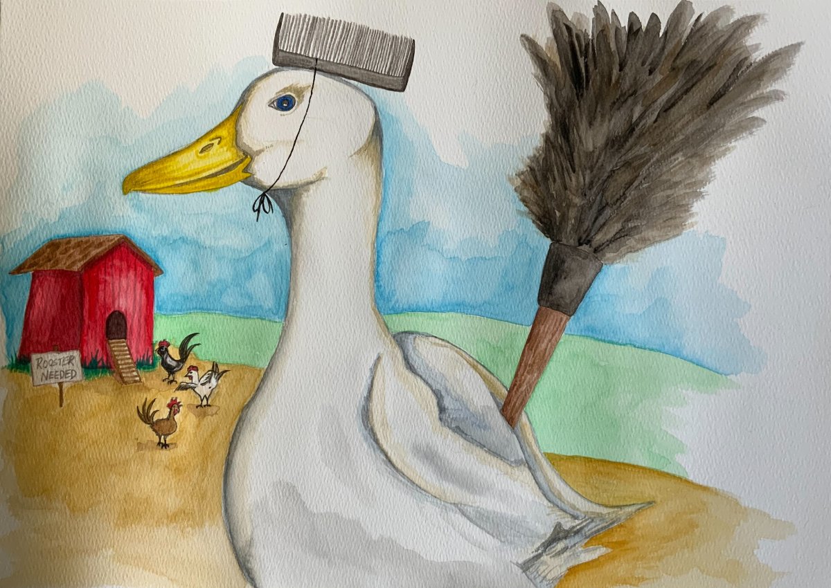 sketch of a duck dressed up as a chicken