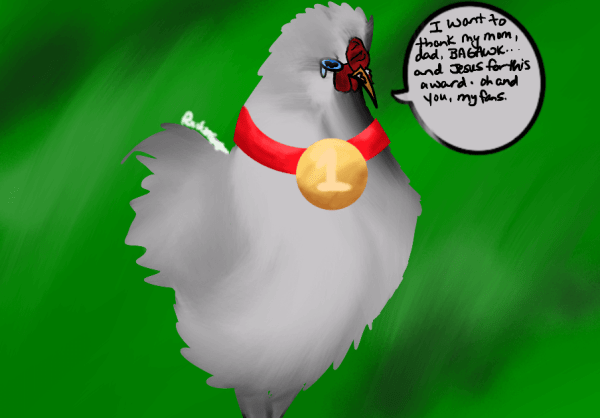 digital art of white Silkie receiving an award