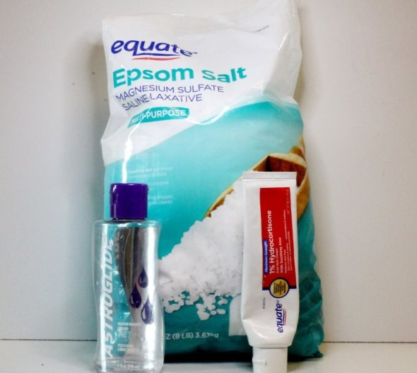 big bag of epson salt, almost empty bottle of astroglide, and tube of hydrocortisone