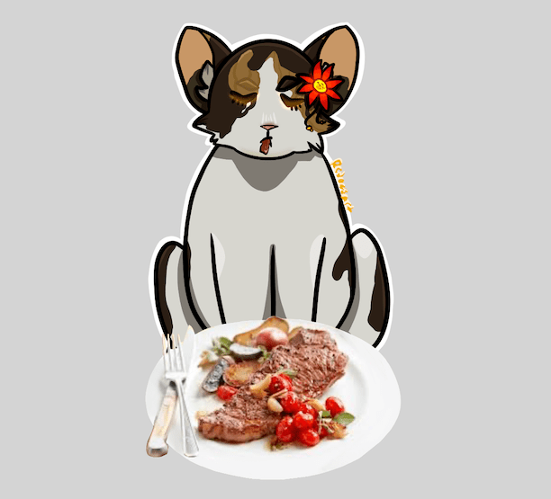 Digital image of calico cat eating a big steak dinner