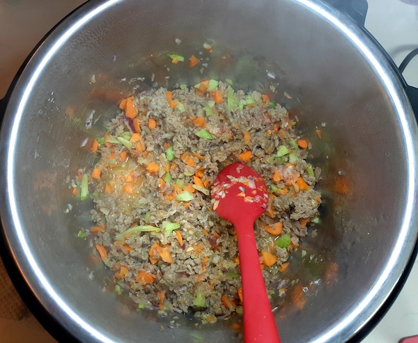 pot of ground meat, celery, and carrots sautéing